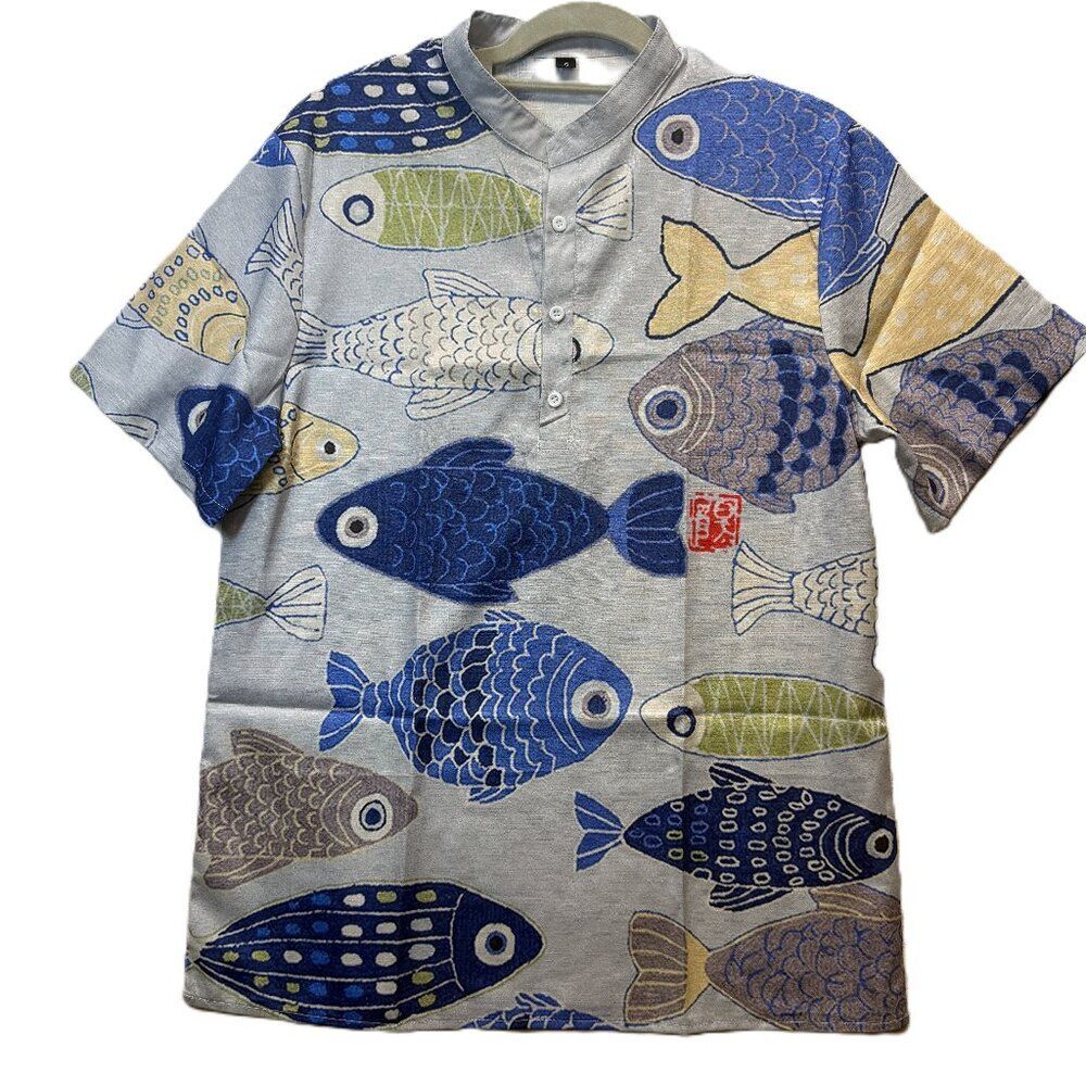 Colorful Fish Print Short Sleeve Shirt  Artsy Graphic Top  Size Small